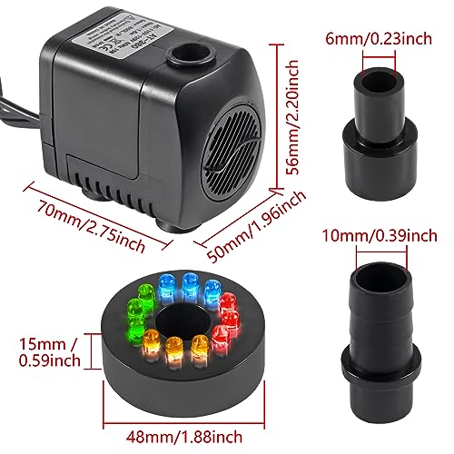 Image of 15W Submersible Water Pump with LED Lights 260GPH Aquarium Fish Tank Water Pump for Pond,Aquarium,Water Feature, Statuary Gardens,Outdoor Fountain(15W 260GPH)