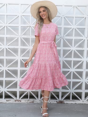 Image of Lyrur Women's Dresses Casual Summer Tiered Midi Dress Short Sleeve Belted Ruffle Babydoll Boho Sundress with Pockets