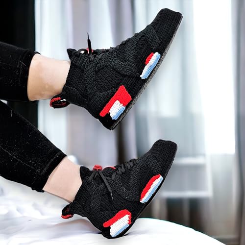 Custom Air Sneakers 6 Black Infrared Crochet Sneakers Slippers - Handmade Basketball Sneaker Style Knitted Booties, Personalized Funny Lightweight Cozy Shoes, Streetwear Hip Hop Style Comfort Shoes4