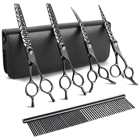 DRGSKL 7" Dog Grooming Scissors Kit Black, Premium Japanese 440C Stainless Steel Straight Scissors, Thinning Shears, Curved Scissors, Chunker Shears with Steel Comb for Precise Styling Cover