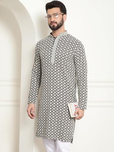 Image of SOJANYA Men's Cotton Regular Fit Casual (Since 1958 Contrast Embroidered Sequinned Long Kurta