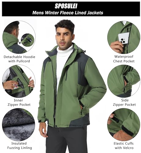 Image of SPOSULEI Mens Skiing Jackets with Hoode Snowboarding Waterproof Fleece Liner Coats Windproof Winter Raincoat Multi Pockets