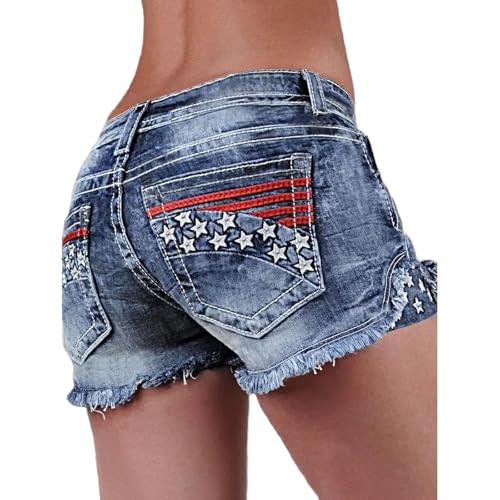 QPDJAPD Womens Patriotic Denim Shorts 4th of July Ripped Hem Frayed Edge High Waisted Summer Casual