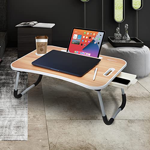 Amazon-Basics-Foldable-Laptop-Table-with-Cup-Holder-Tablet-Groove-and-Mini-Drawer-Brown