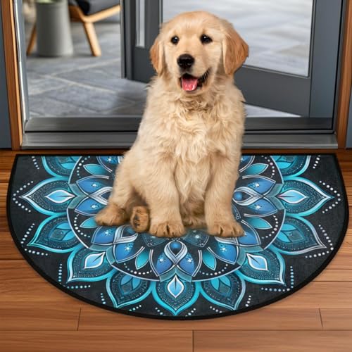 Image of cfpolar Half Round Door Mat Ethnic Mandala Blue Floral Non-Slip Semi Circle Area Rug Washable Half Moon Hearth Rugs for Indoor Outdoor Bathroom Kitchen Patio Runner Mat Laundry Room Home Decoration