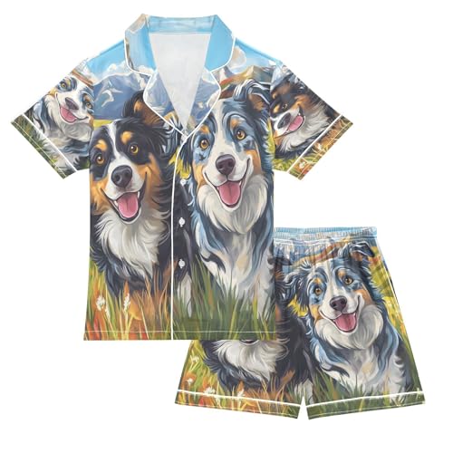 ALAZA Puppy Dog Leaf Mountain Satin Pajamas Set Short Sleeve Button Down Sleepwear Summer Pjs 2 Piece