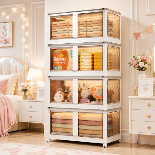 Image of EXVITO 4 Tier Foldable Wardrobe for Bedroom Clothes Storage Cabinet | Collapsible Plastic Almirah Organizer with Magnetic Doors & Wheels | Stackable Cupboard for Clothes Storage - Cream