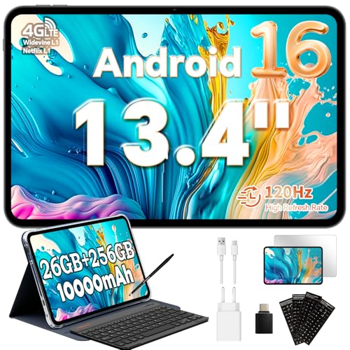 TECLAST T65 Tablette 13.4 Pouces Android 16, 120Hz Tablet, 10000 mAh, 26Go RAM, 256Go ROM, Dual SIM 4G LTE, Tablette Tactile avec Clavier