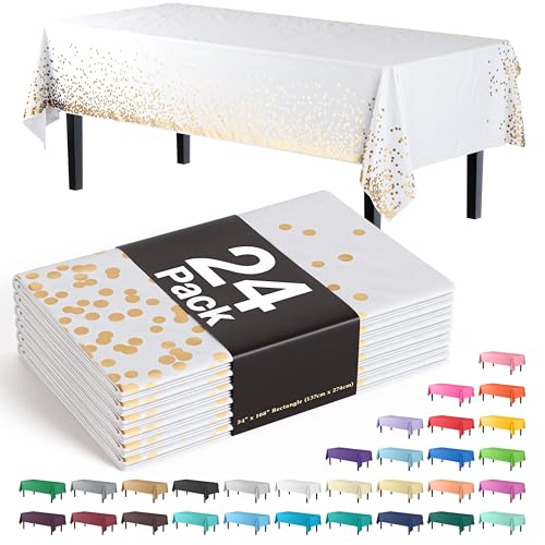 Image of Party Solids White & Gold Dot Rectangular Plastic Tablecloth - 54x108 Inch, Pack of 24