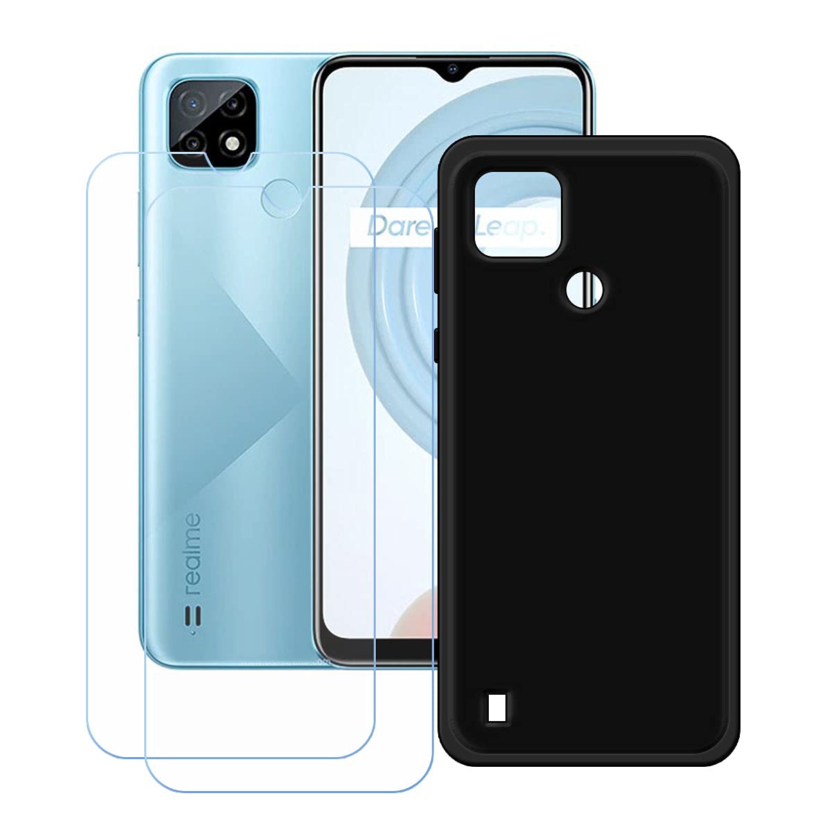 KJYF Custodia + Vetro Temperato Pellicola Protettiva per Realme C25Y (6.5), Nero in Silicone Morbido TPU Cover, Anti Graffio Protettiva Case per Realme C25Y - WMA8