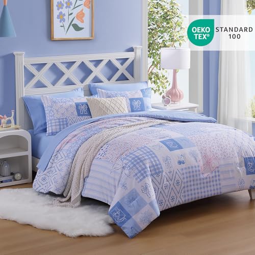 Image of Twin XL Comforter Set for Girls Blue Bow Floral 5 Pieces Bed in a Bag
