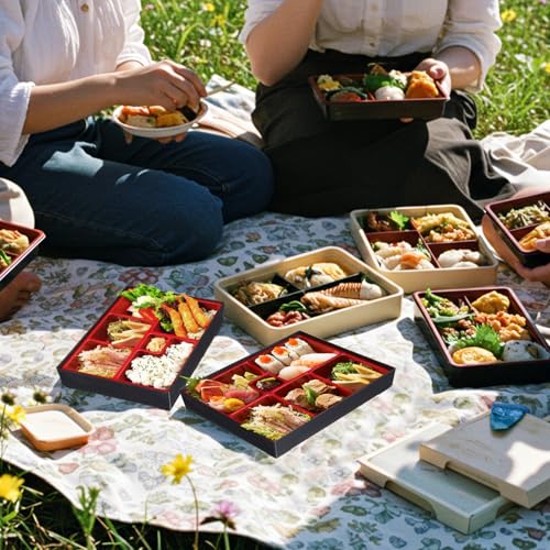 Teenyyou 2 Pcs 12 x 9.5 x 2.2 Inch Japanese Bento Box 6 Compartments Divided Lunch Box with Greaseproof Adult Japanese Bento Lunch Container Sushi Home Restaurant
