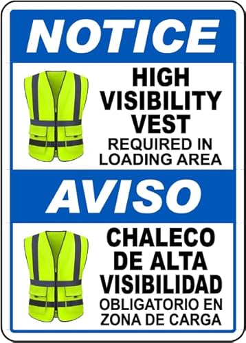 Bilingual High Visibility Vest Required Sign - Safety Personal Protection Metal Sign 12 x 16 Inches – For Wall or Fence