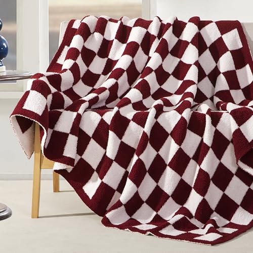 Image of Elegant Comfort Checkered Throw Blanket, Burgundy Super Soft Cozy Fluffy Warm Throw Blankets for Couch, Sofa, Chair, Bed, Camping, Picnic, Travel Lightweight Bed Blanket (50 inch x 70 inch)