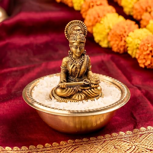 Image of anciently Pure Brass Annapoorani Statue with Rice Bowl - Maa Annapurna Devi Idol /Silai /Murti for Kitchen Vastu & Pooja Room, Gold Colour, 1 Set