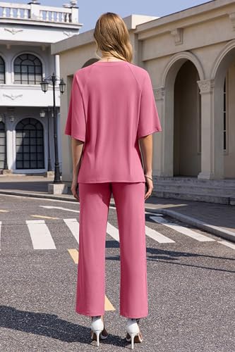 Image of difficort Outfits for Women 2025 Raglan Short Sleeve Lounge Sets Wide Leg Knit Loungewear with Pockets,Dark Pink,Large