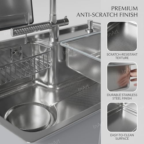 Image of InArt 304 SS Multi-Function Kitchen Sink with Pull-Down Tap | Anti-Scratch Bowl | With Soap Dispenser, Drinking Water Tap, SS Cutting Board, Strainer Basket & Full Drain Pipe Set | 75x46x25.5 CM