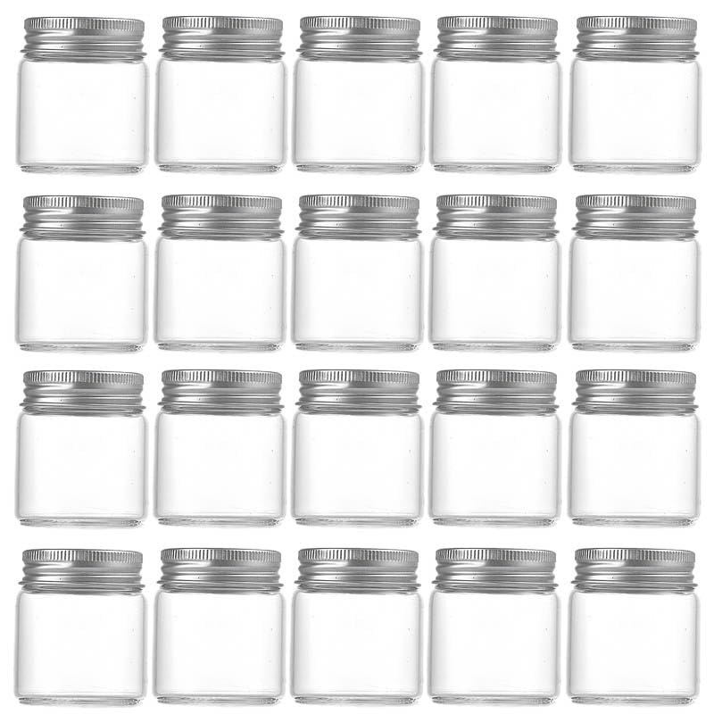 Marmeladengläser 20 Stück 50 ml kleine Gläser mit Aluminiumdeckel Marmeladendose Lebensmittel versiegelter Behälter Süßigkeitenverpackungsglas Haushaltsküchenflaschen Einmachgläser(Silver-lid)