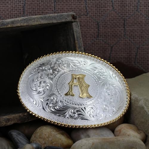Image of Montana Silversmiths Initial Engraved Gold Trim Western Belt Buckle