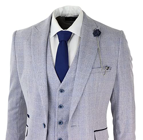 Mens 3 Piece Check Suit Tweed Light Blue Tailored Fit Wedding Peaky Classic2