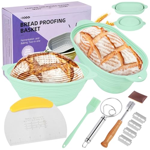 Silicone Banneton Bread Proofing Basket, 10 Inch Round & 10 Inch Oval Foldable Sourdough Proofing Baskets, Hanging Sourdough Bread Baking Supplies for Bread Making With Essential Tools, Green