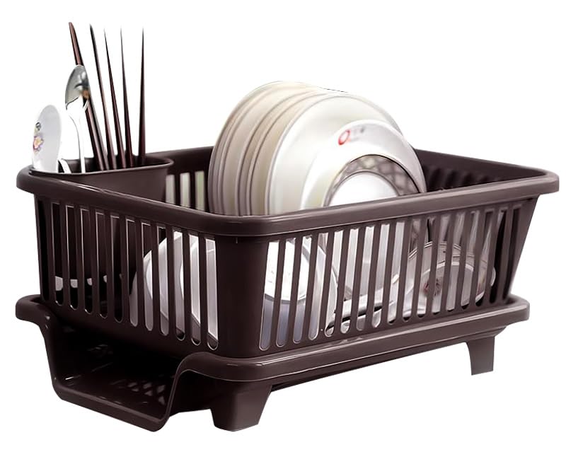 PANCA Plastic Kitchen Dish Rack Organizer with Drying Tray | Durable Utensil Drainer Basket for Plates, Bowls & Spoons | Countertop Storage Stand (Green & Brown, 45 x 32 x 18 cm)-image-27