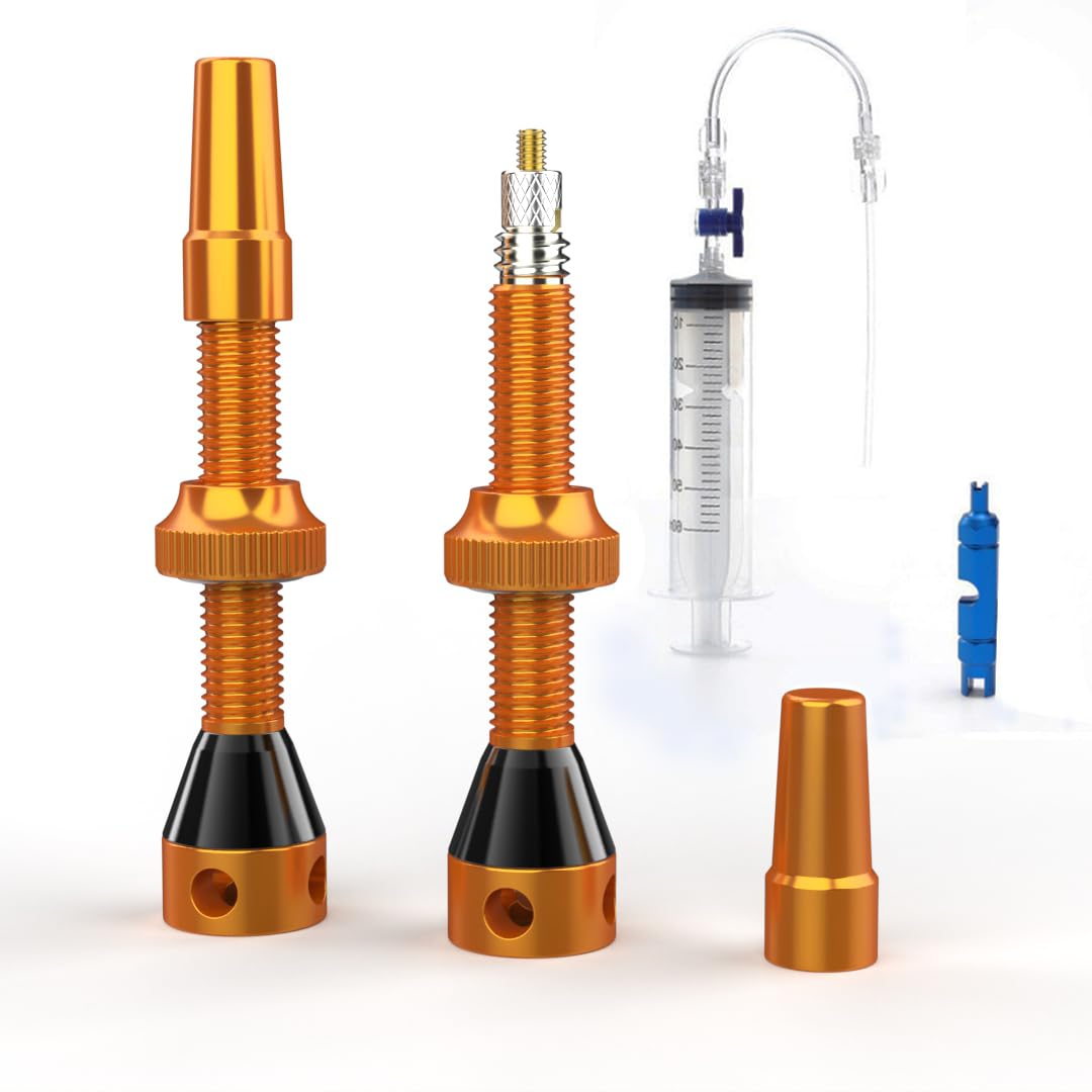 Tubeless Ventile Set, orange | Komplettes Set inkl. Tubeless Spritze | Superleicht Alu, Gold eloxiert, französisches Ventil Presta, 44mm für MTB-Felgen (orange, 44mm)