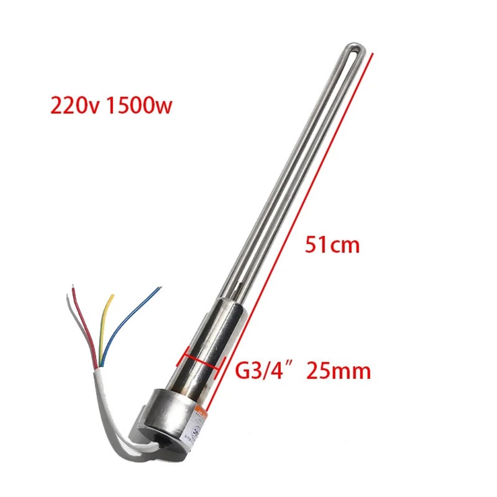 1,5 kW elektrisches Wasserheizelement 220 V, 3/4 Zoll, 25 mm Buchse mit Temperaturregler, 51 cm, 3 Drähte, HE, Stück