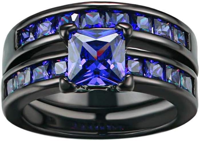 Bridal Sets Black Gold Plated Princess Cut 6mm Cz 2pcs Womens Wedding Band Ring Sets Engagement Ring