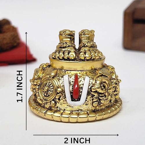Image of Gold Art India Lord Balaji Charan Paduka 24 kt Gold Matte Finish Vishnu Charan Paduka for Pooja Room /Balaji for car Venkateswara Swamy Feet with Shanku Chakra Namam Best Gifting (Gold Plated 2 Inch)
