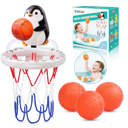 Image of Bath Toys, Bathtub Basketball Hoop for Toddler Kids, 3 Soft No Hole Balls & Bath Basketball Hoop with Strong Suction Cup, Black & White Penguin Baby Shower Bath Toys Set for Boys and Girls