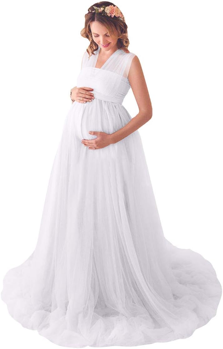 Maternity Chiffon Lace Photography Dress Short Sleeve Lightweight Elegant Pregnancy Gown for Baby Shower Photo Shoot
