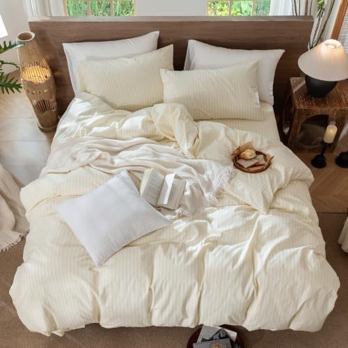 Image of MooMee Striped Duvet Cover Set 100% Washed Cotton Linen Like King | Relaxed Linen-like Texture. Soft, Breathable & Long-lasting Comfort. Lightweight. Hidden Zipper with 8 Interior Corner Ties