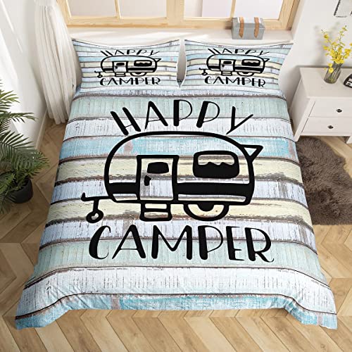 Happy Camping Theme Parure Housse de Couette Camping Voiture de Voyage Parure de Lit 220x240cm Camper Housse de Couette Microfibre Vintage Wooden Décor de Chambre