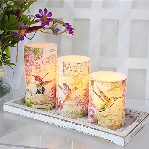 Image of Flameless Candles Pink Hummingbird Floral Battery Operated with Remote Flickering LED Real Wax Pillar Candle Warm Light Spring Summer Decor for Home Fireplace Christmas Holiday Gifts