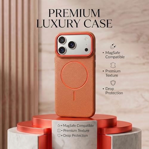 Image of amazon basics Luxury MagSafe Compatible Leather Texture Back Cover for iPhone 17 Pro Max | Raised Camera Protection | Slim Fit Shockproof Case with Metallic Accents (Orange)