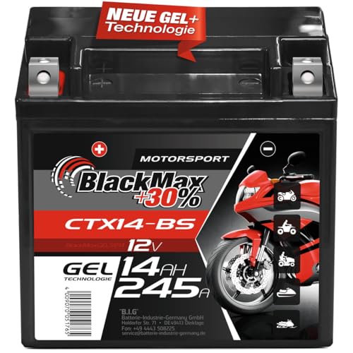 BlackMax Motorradbatterie 12V 14Ah YTX14-BS Gel Batterie 245A