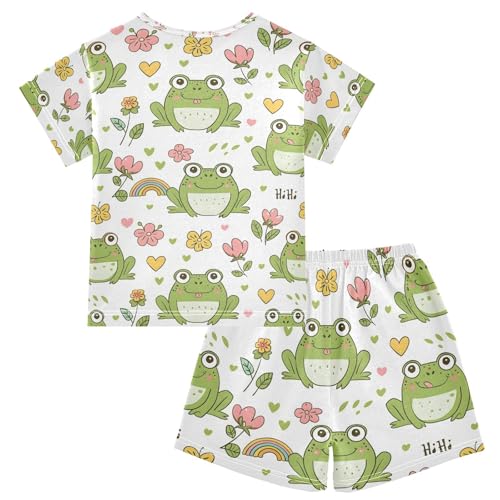 ALAZA Cute Frog Line Blossom Pajamas Set Short Sleeve Cotton Sleepwear Summer Pjs 2 Piece 5-14Y2