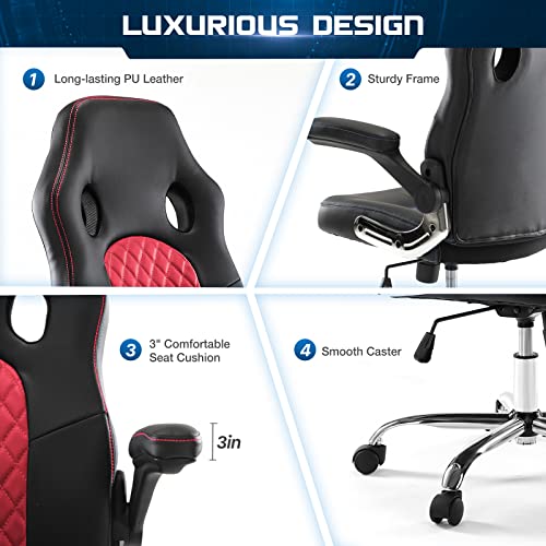 Image of OLIXIS Gaming Office Chair - PU Leather Executive Swivel Computer Desk Chair with Flip-up Armrests and Lumbar Support for Working, Studying, Gaming
