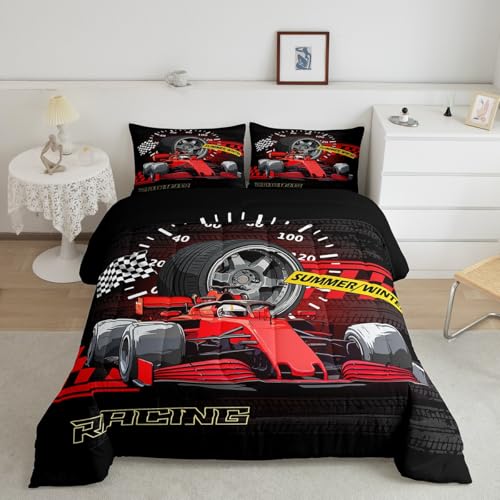 Image of Feelyou Kids Race Car Bedding Set Queen Size, Red Racing Car Duvet Insert Karting Road Comforter Set Boys Girls Teens Bedroom Decor 3Pcs