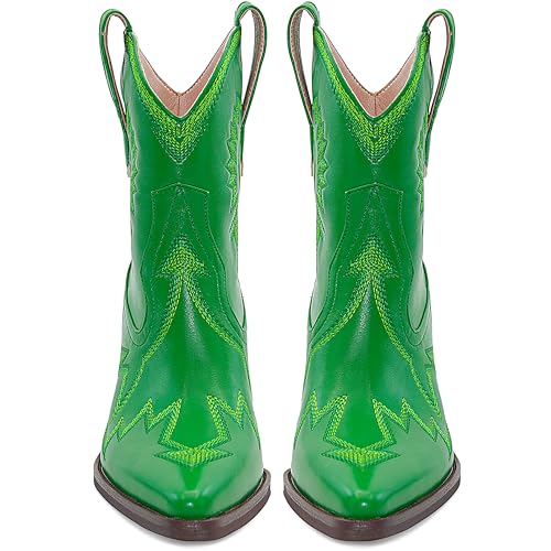 Image of HOCHFART Women's Western Ankle Cowboy Boots Chunky Pointed Toe Wide Calf | Metallic PU-Leather, Embroidered, Pull-On, Concert, Festival, Rodeos, Party, Daily Wear, All-Day Comfort
