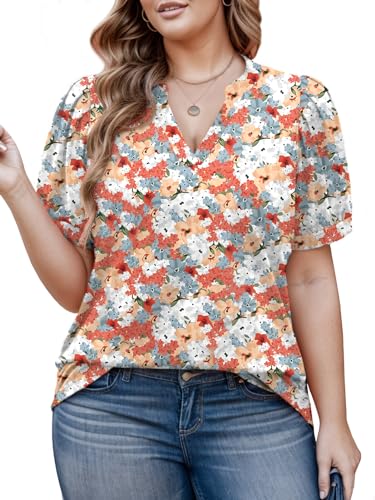 Womens Plus Size Tops Summer Floral Print Tee 2024 Fashion V Neck Shirts FL07 3XL