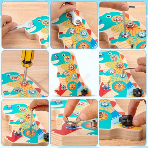 Piashow Montessori Spielzeug ab 3 4 5 Jahre, Dino Spielzeug 4 Jahre，Busy Board Montessori Schraubbrett Dino Holzspielzeug,Motorikspielzeug,Lernspiele,Dinosaurier-Nuss-Set