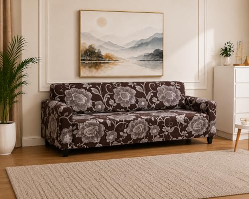 Image of Universal 3 Seater Sofa Cover Fully Covered Stretchable Spandex Non-Slip Elastic Slipcover | Soft Washable Fabric Sofa Protector for Living Room Furniture (Floral Brown)