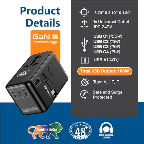 Image of MX GaN 100W Universal Travel Adapter with Retractable 54cm USB-C Cable, 3 USB-C Ports & 1 A Port, 1 Universal Socket, 6-in-1 Fast Charging International Adapter, Type A /C /G /I Output 200+ Countries