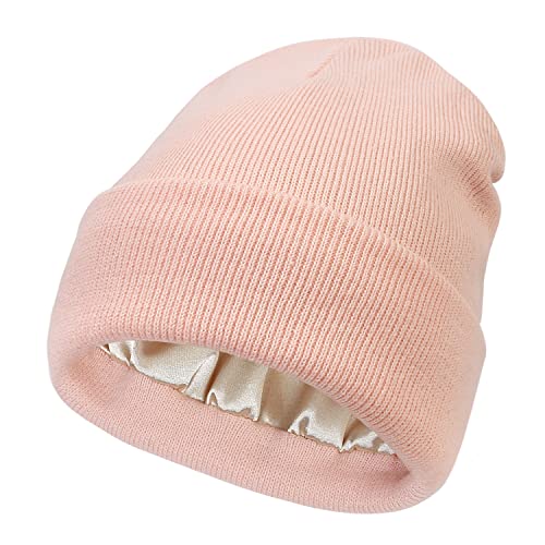 Image of Baby Satin Lined Knit Beanie Hat Acrylic Winter Hats for Infant Toddler Silk Lining Soft Slouchy Warm Beanie Hat Girls Boys