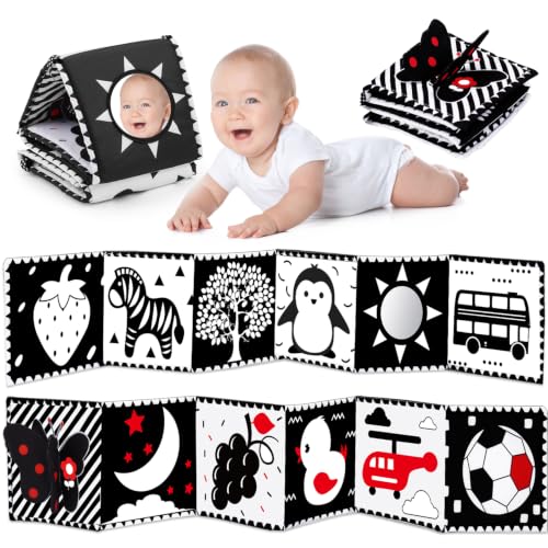 Black and White Baby Toy Tummy Time High Contrast Newborn Toys Essential | Visual Stimulation Soft Baby Book Brain Development Sensory Infant Mirror Toy 0-3 3-6 2 4 5 Months Old Boy Girl Shower Gift