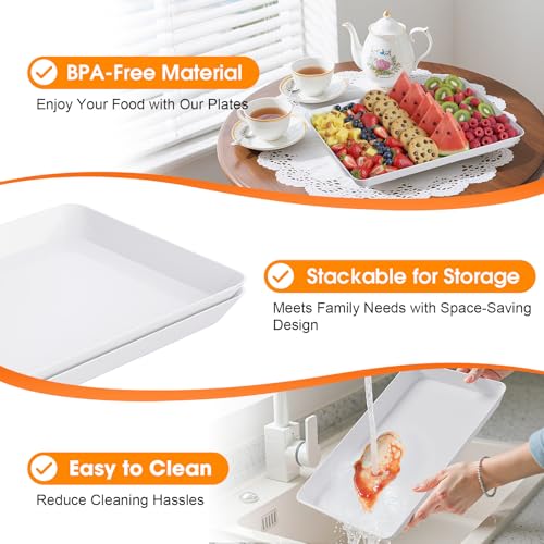 4-Pack Serving Tray, Serving Platter for Parties, Entertaining, Camping & Food Display, Reusable & Stackable Plastic Trays in Kitchen, Rectangular Food Platters for Cookie, Appetizer(White) - Image 3
