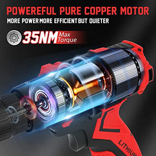 Akkuschrauber,Zateety 34 Pcs Zubehör 12v Akku Bohrschrauber Set Mit 2 Akkus 2000mAh,35 Nm Drehmoment, Drehmomentklasse 25+1,2-Gang,LED-Leuchten für Heimwerker&Wandbohrer, Holz, Metall(Rot) – Bild 4