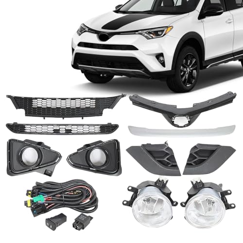 JX RACING Bumper Grille Kit Compatible with Toyota RAV4 SE 2016 2017 2018 Front Upper Middle Lower Grill & Towing Cover & Fog Lamp Cover with Bulb & Front Bumper Lower Apron 8PCS TO1036200 520300R030